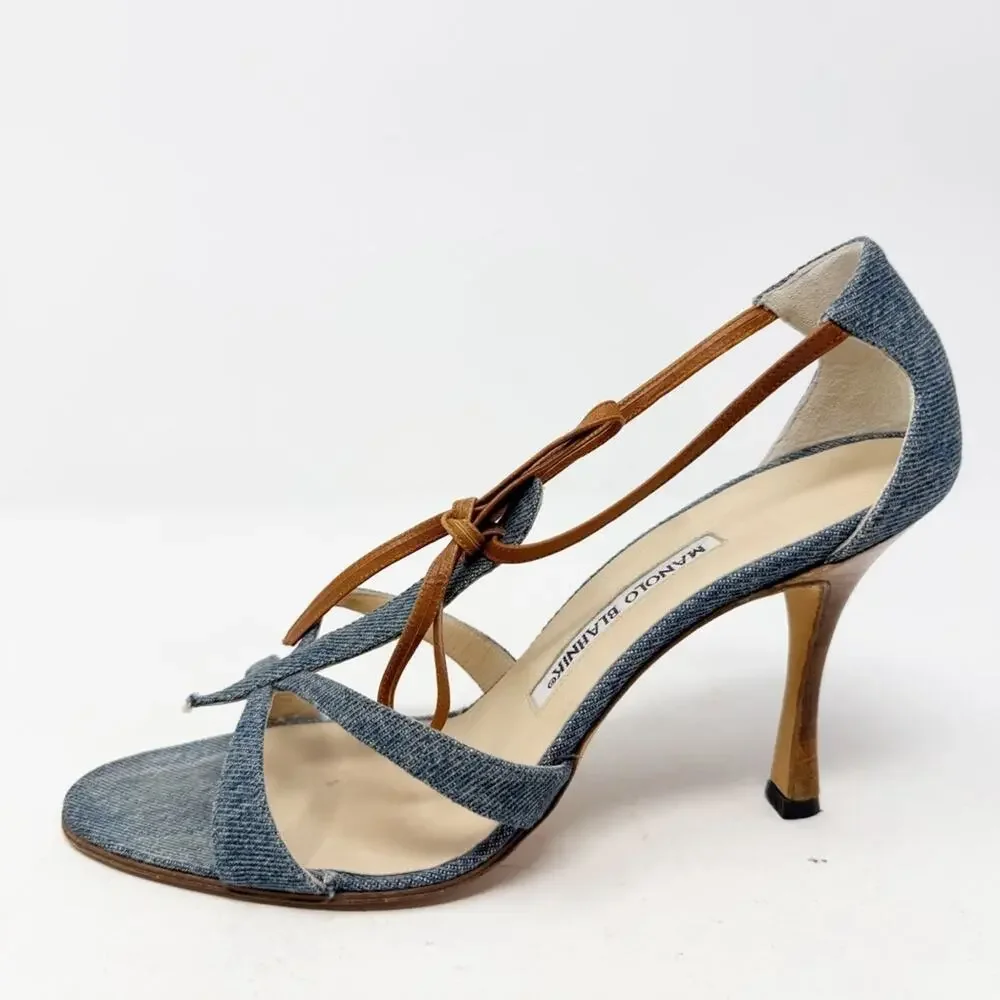 Manolo Blahnik Denim Strappy Sandals Heels Womens Size EU 38.5